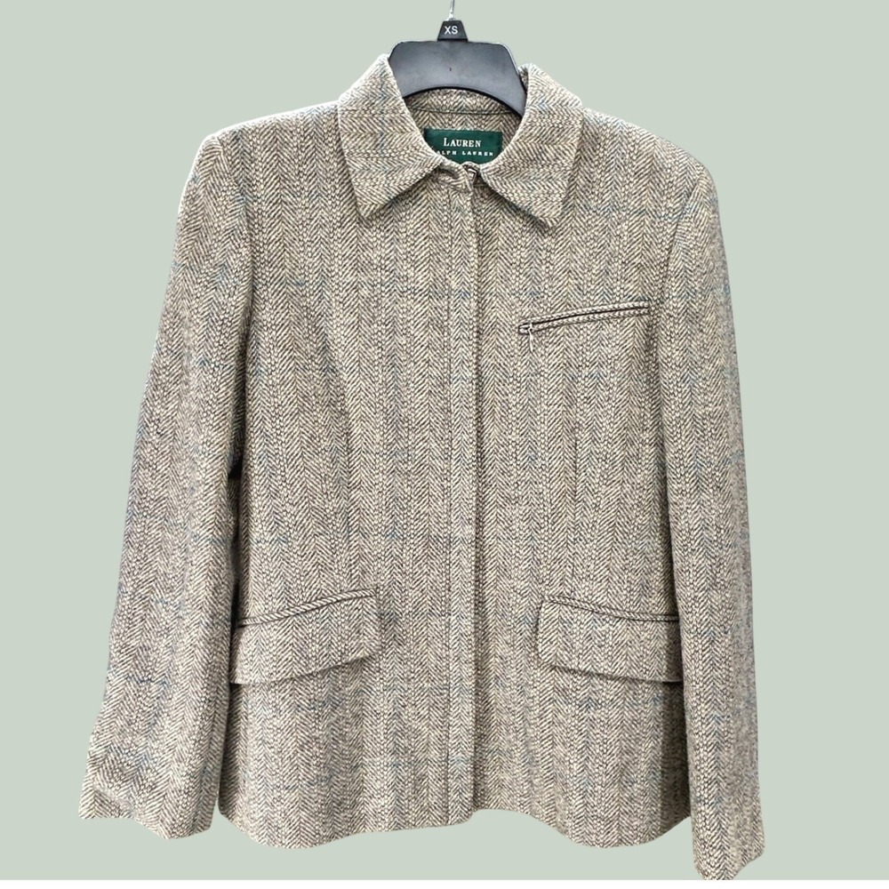 Lauren Ralph Lauren Shetland Wool Herringbone Jacket Blazer Brown Blue Size 4